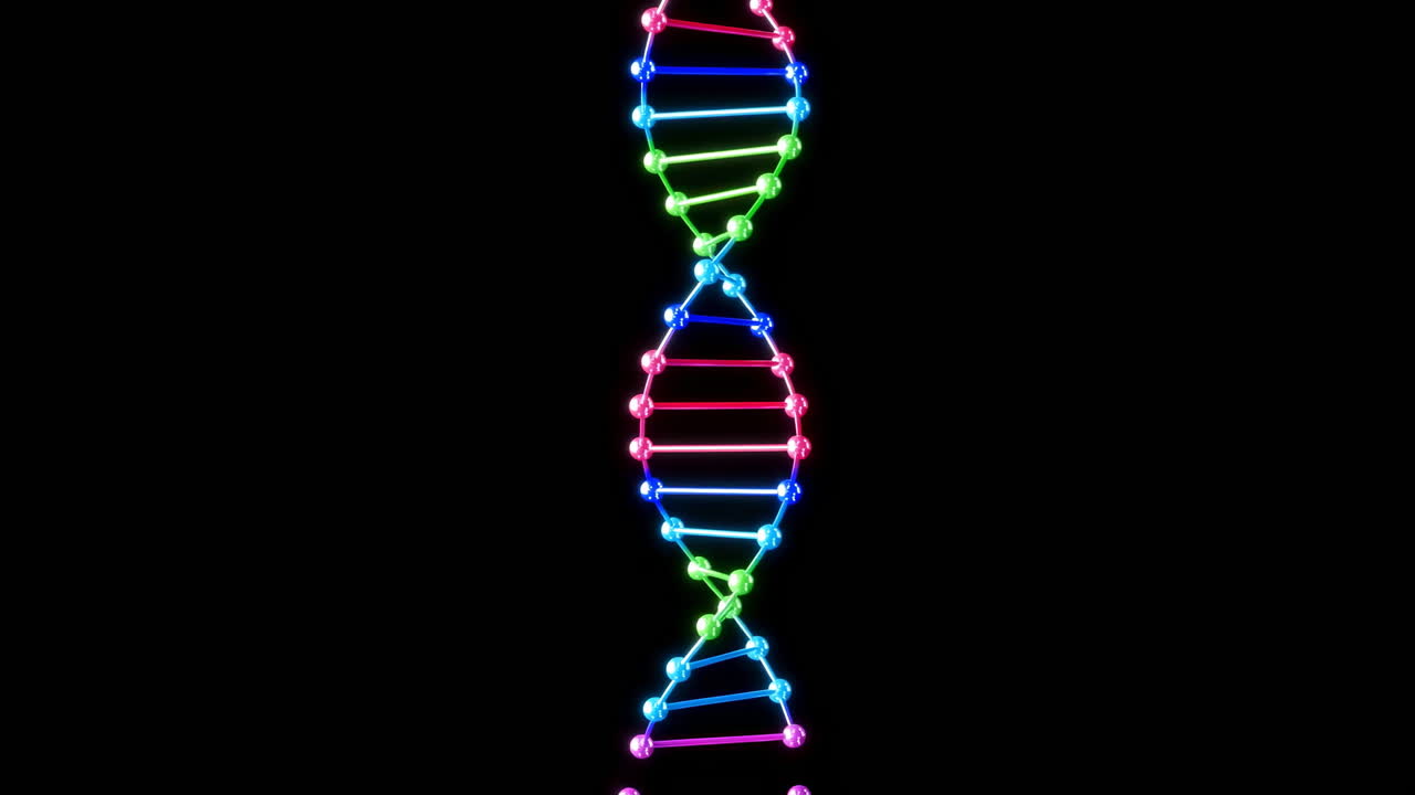Colorful Neon Dna Helix Rotating Against Black Background With Pulsing Nodes, Vivid Pink Blue Green Rungs,