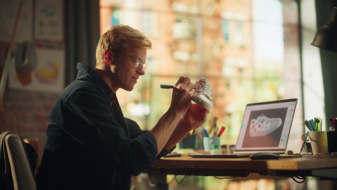 코카시안 남성 아티스트가 스니커를 다시 디자인하고, 예술 작품처럼 들고, 창의적인 로프트 환경에서 노트북 컴퓨터에서 3d 모델을 확인합니다. 독특한 드로잉과 의식적인 패션.