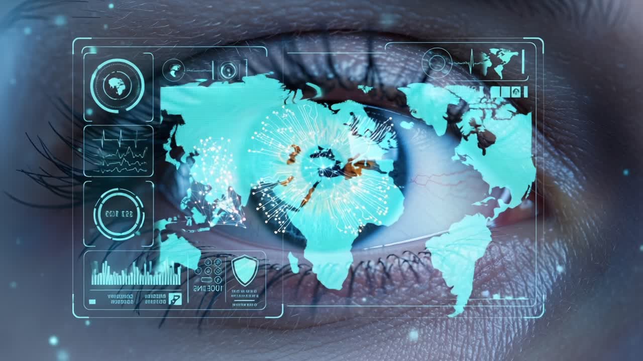A Close-Up of an Eye Integrated with Futuristic Technology Featuring Data Visualization and World Map Overlay, Signifying Advanced Digital Interaction