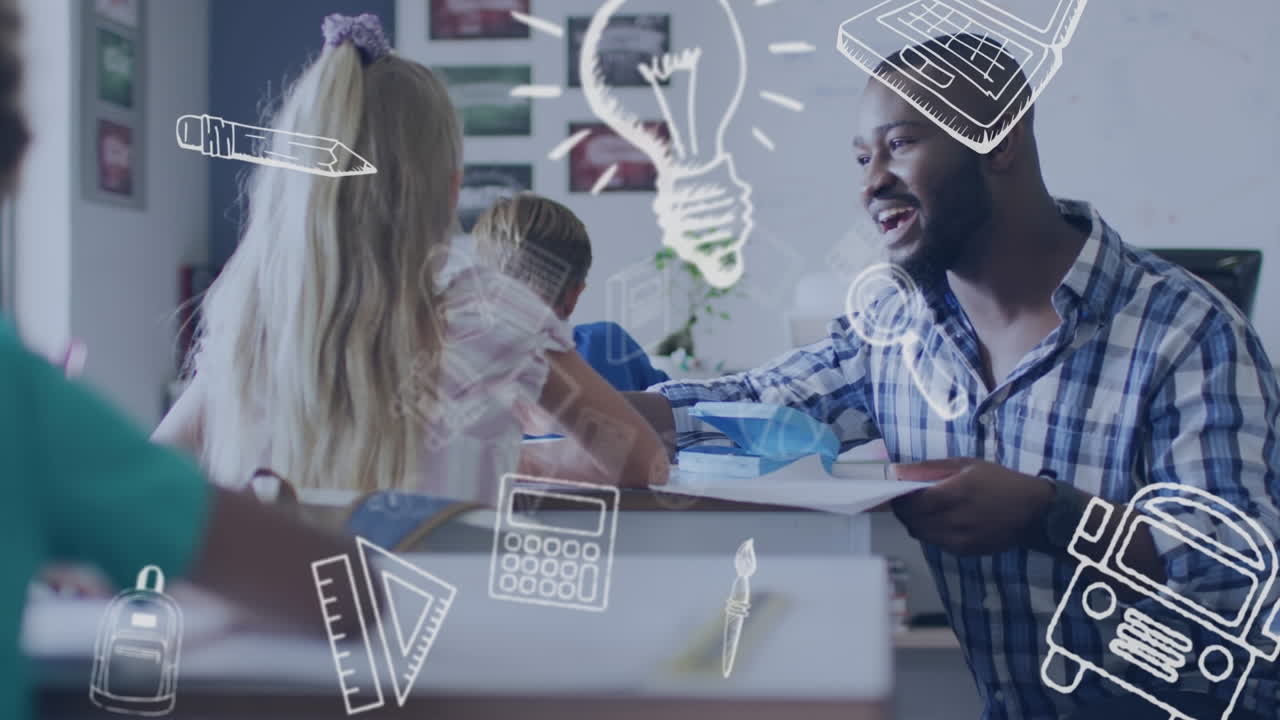 Animation of school icons over happy african american male teacher and schoolgirl talking in class