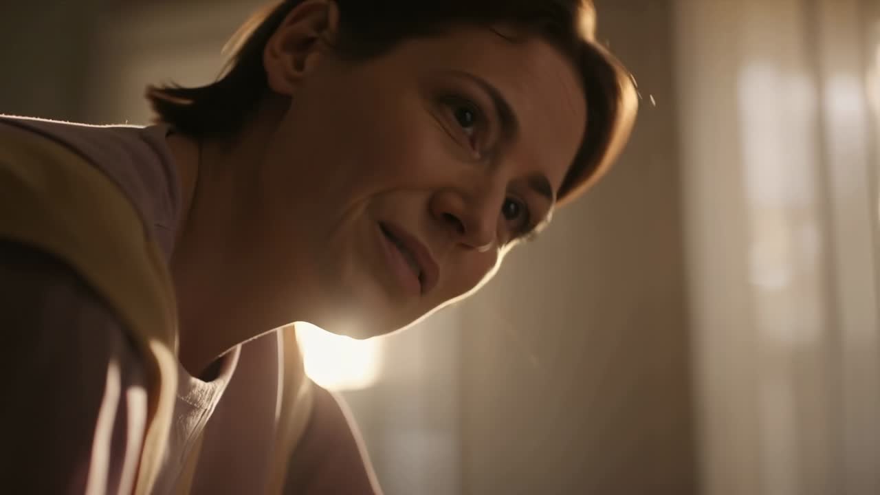 Mulher sorrindo, levantando a cabeça e falando após um sorriso tranquilo no quarto, com suéter leve e cortinas transparentes.