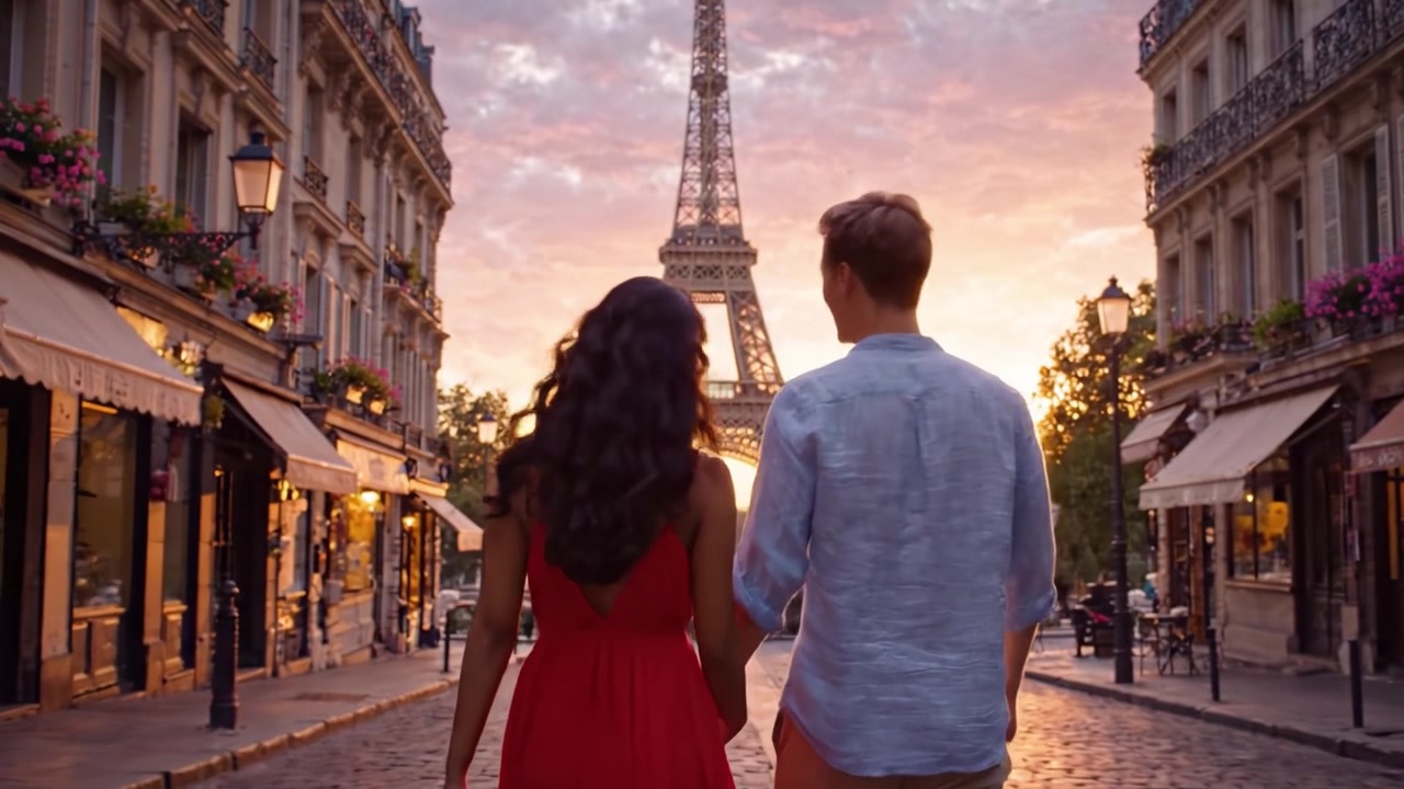 Romanttinen iltakävely Pariisissa auringon laskiessa Eiffel-tornin taakse, vangiten intiimin hetken rakastuneen pariskunnan välillä käsi kädessä