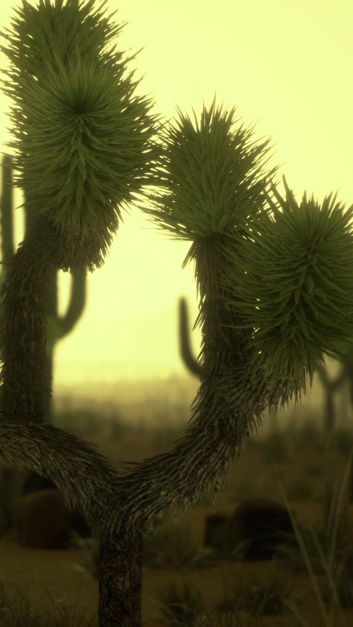 Paesaggio di cactus al tramonto con cielo giallo e piante del deserto