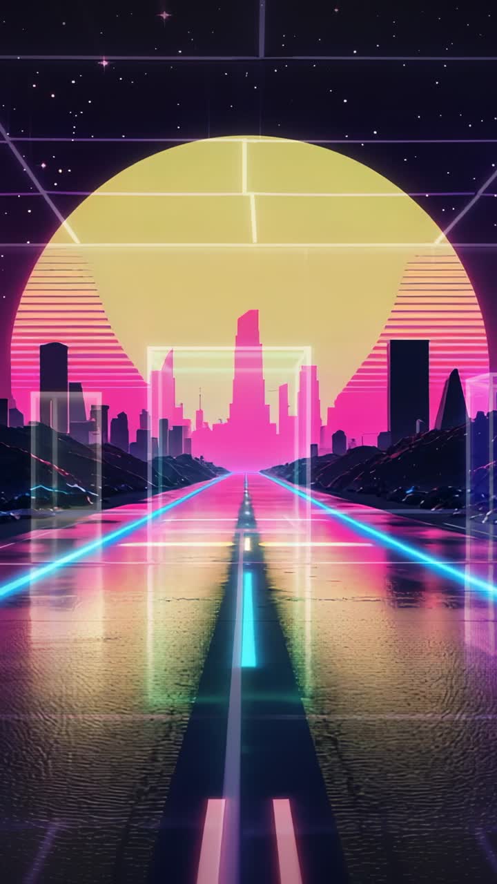 Vertical video: On start viewer moving forward along neon highway toward city skyline under sun