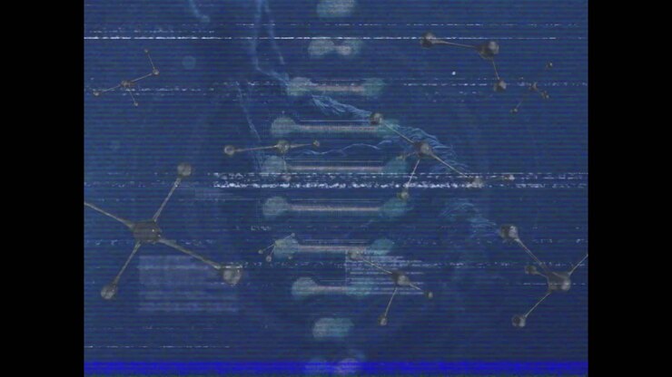 Animation of interference over dna strand withdata processing and molecules on blue background
