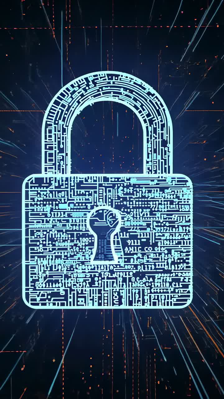 Vertical video: Pulsing neon-blue padlock icon initiating streaming rays in data space, circuitry