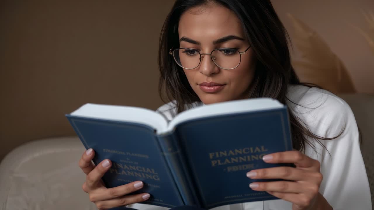 Femme ouvrant un livre de planification financière, portant des lunettes et un chemisier, lisant sur un canapé et étudiant la finance