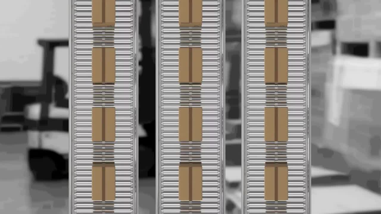 animación de cajas de cartón que se mueven en cintas transportadoras sobre el almacén
