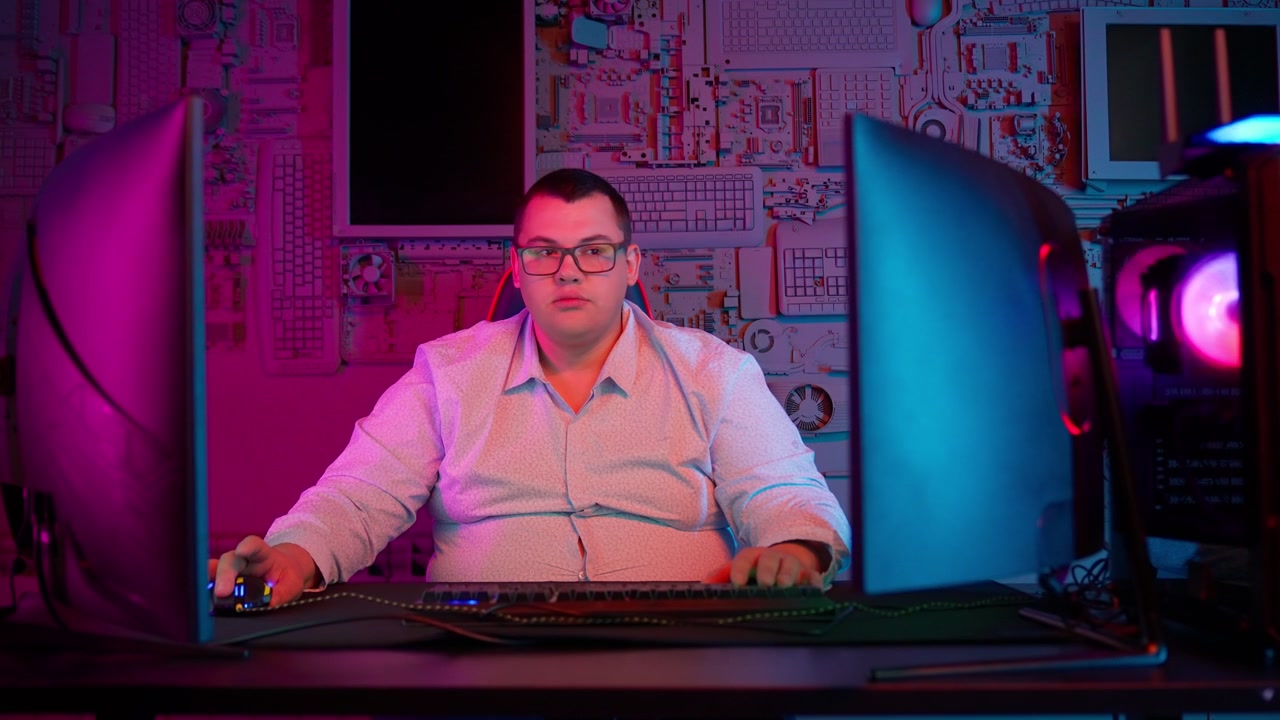 Mann arbeitet an mehreren Computermonitoren in einem neonbeleuchteten Technikraum
