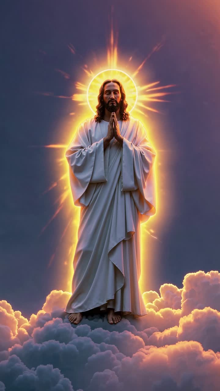 A divine figure stands on clouds, hands in prayer, with a glowing halo