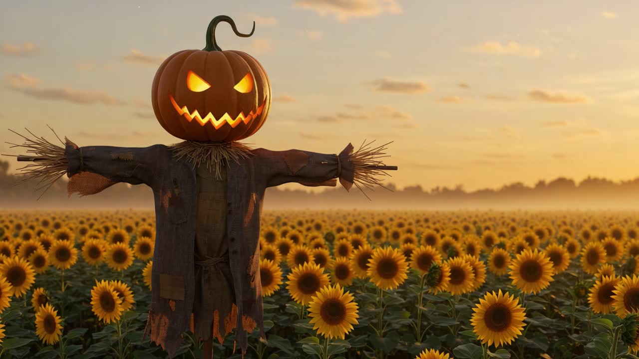 A Sinister Scarecrow with a Grinning Pumpkin Head Stands Among Vibrant Sunflowers at Dusk, Casting a Spooky Shadow Over the Field