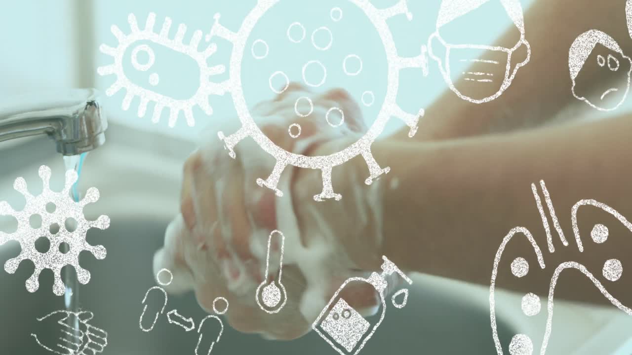 코로나바이러스 콘셉트 아이콘은 싱크대에서 손을  ⁇ 는 사람을 반대합니다.