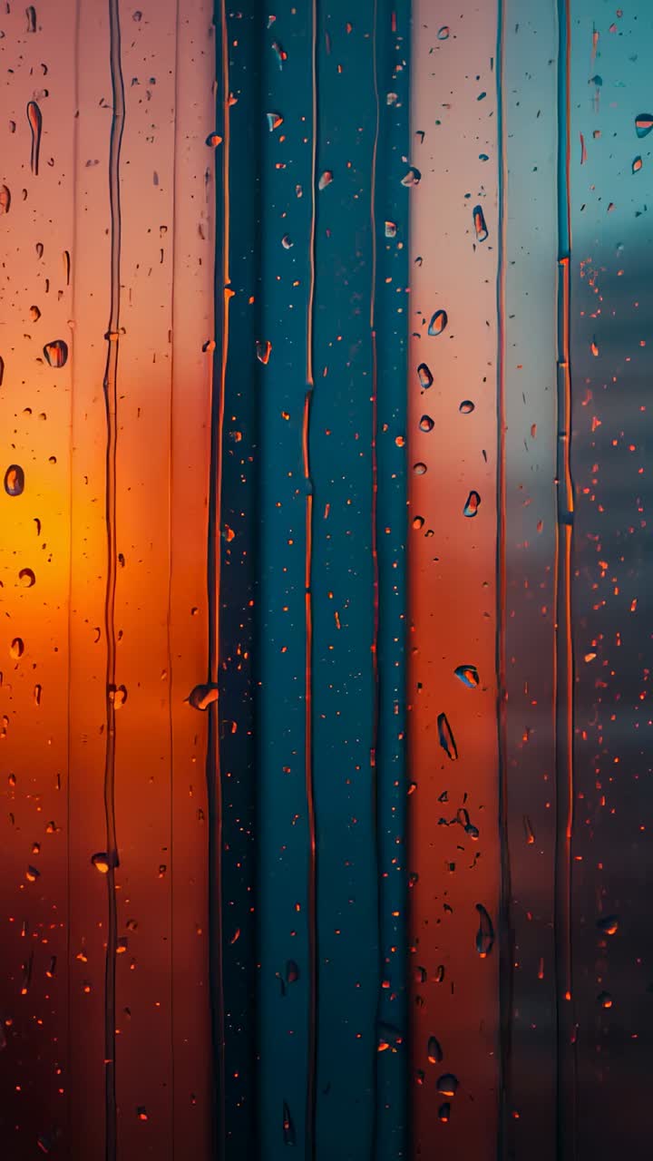 Vertical video: Gravity pulling droplets sliding down window glass against cityscape, sunset glow