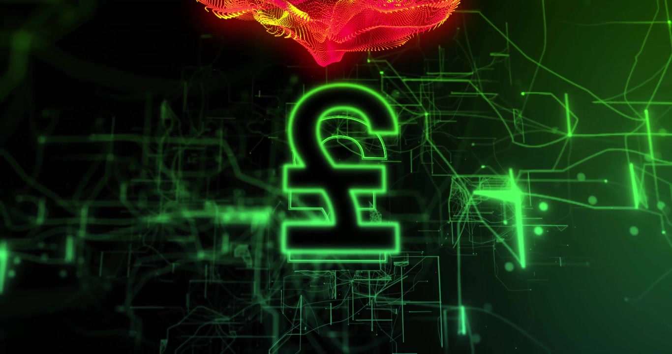 Draadrasterlijnen convergeren en vormen een neon pondteken, deeltjes vallen en benadrukken de valutawaarde