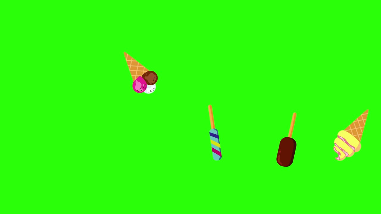 녹색 화면에 아이스크림 애니메이션의 그룹 크로마 키, 장식 평면 디자인