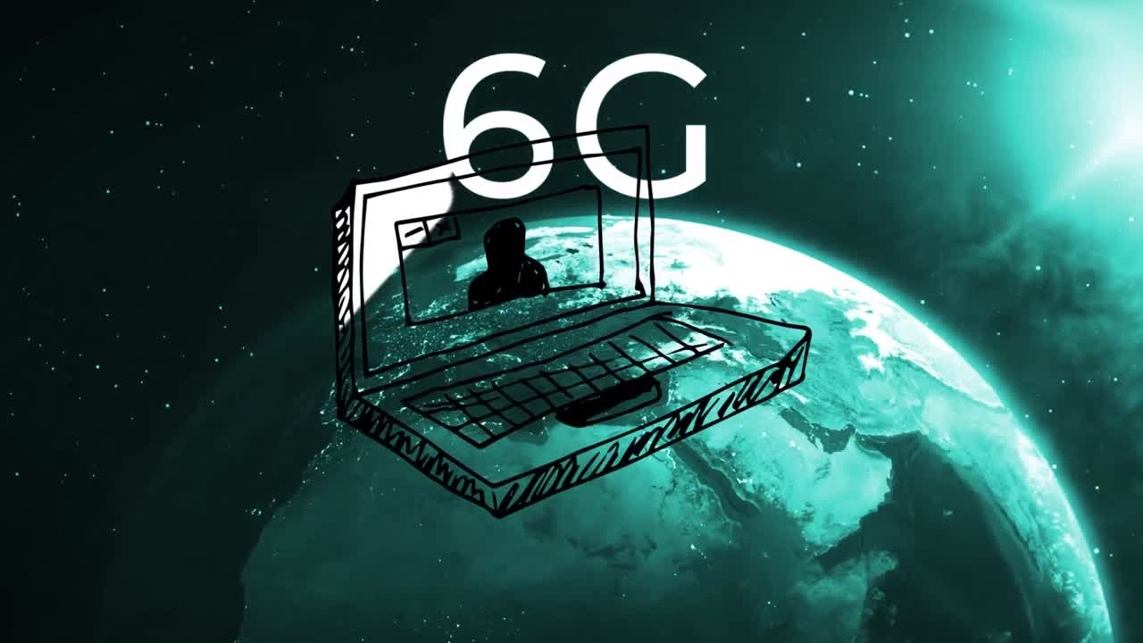 animación de 6g, portátil y sol saliendo sobre el globo girando en el espacio