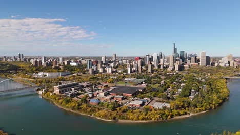 high rise buildings downtown edmonton in autumn. aerial view