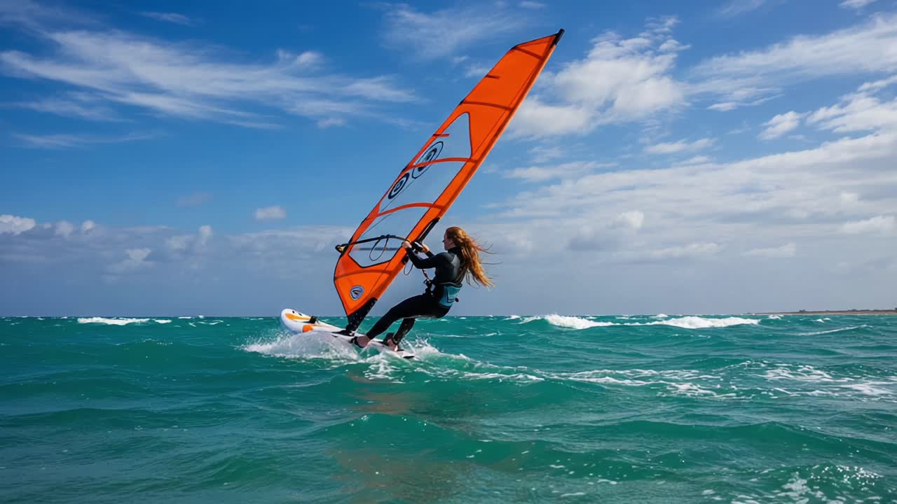 Dynamic Windsurfing Adventure: Captivating Scenes of a Windsurfer Skillfully Navigating Turquoise Waters Against a Beautiful Sky
