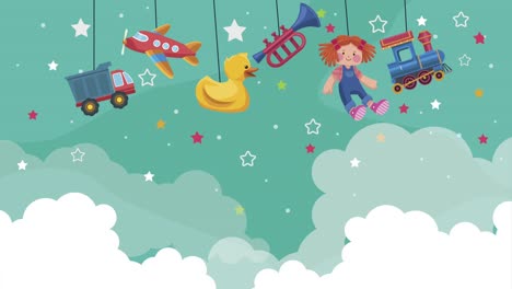 hanging toys in a cloud background