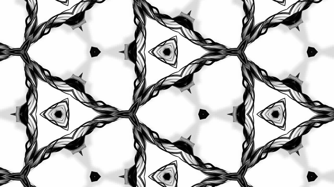 animación en bucle sin costuras de 4k de patrón en blanco y negro con cintas son retorcidas y forman estructuras complejas como patrón de adorno simétrico o efecto caleidoscópico