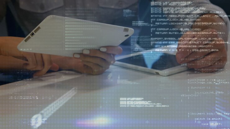Animation of data processing over diverse business people in office