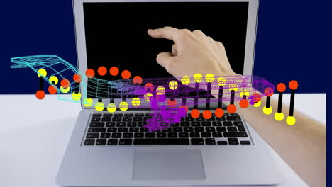 animación de cadena de adn y modelo de avión en 3d girando sobre la mano apuntando en la computadora portátil