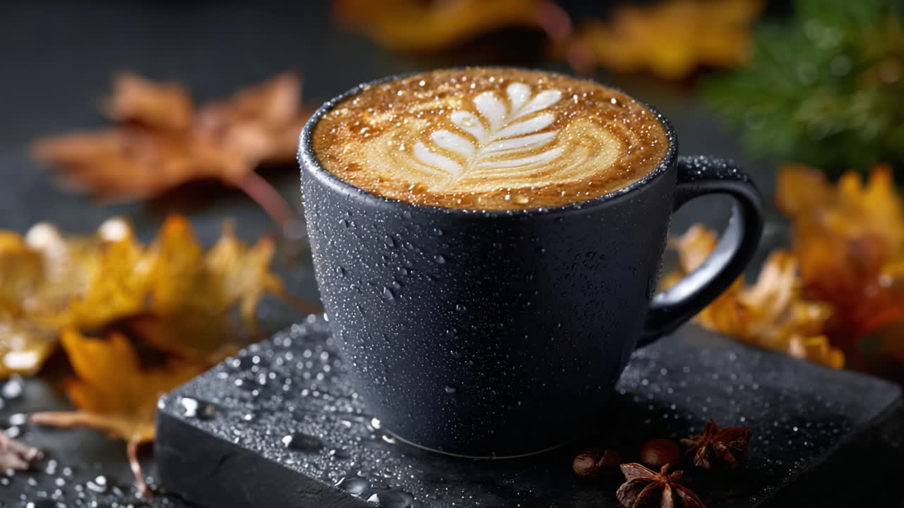 A Cozy Cup of Coffee with Intricate Latte Art Surrounded by Autumn Leaves, Capturing the Warmth and Comfort of Fall in Every Sip of this Delicious Brew