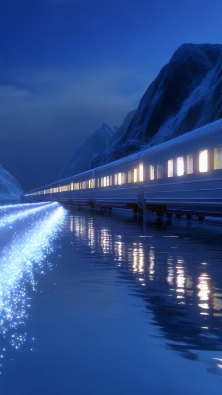 A mesmerizing winter night scene featuring a sleek train gliding along a reflective waterway, illuminated by sparkling lights that create a magical atmosphere amidst towering, icy mountains