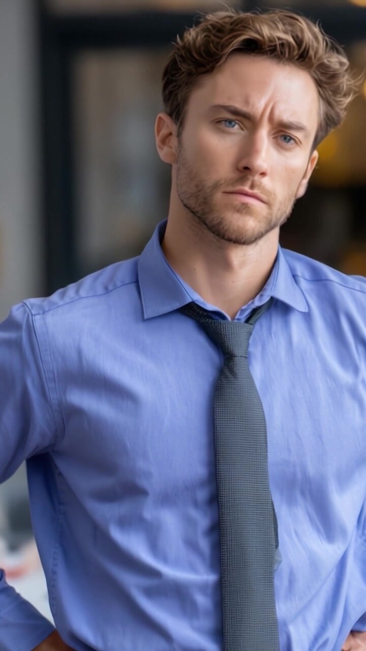 Un giovane uomo contemplativo in camicia blu e cravatta, che emana sicurezza e stile, assorto nei pensieri in un ambiente sofisticato che suggerisce professionalità e compostezza.