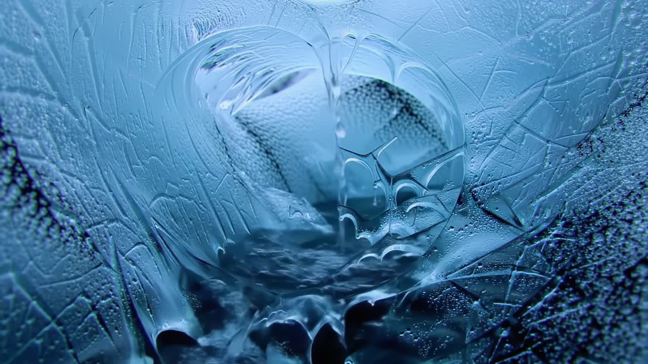 Magnificent Detailed Close-Up of Ice Patterns and Water Flowing Through Crystals, Capturing the Beauty of Nature's Frozen Artistry and Fluid Dynamics