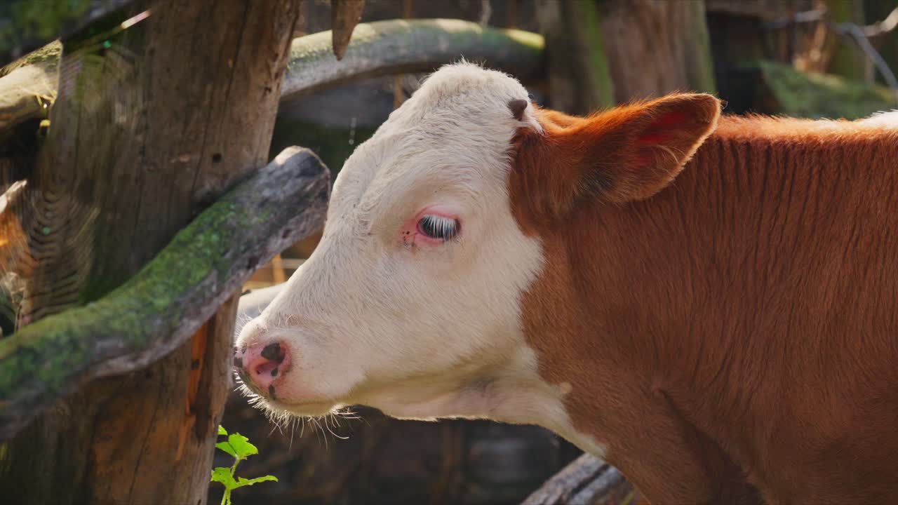 Close-Up of a Brown and White Cow's Face in a Natural Setting, Highlighting Its Features and Environment with Soft Natural Lighting and a Serene Atmosphere