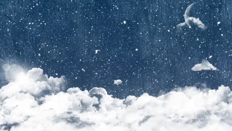 digital animation of snow falling over clouds in blue sky