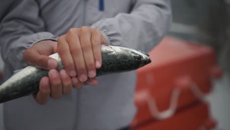 slowmo - young fisherman holds caught fish