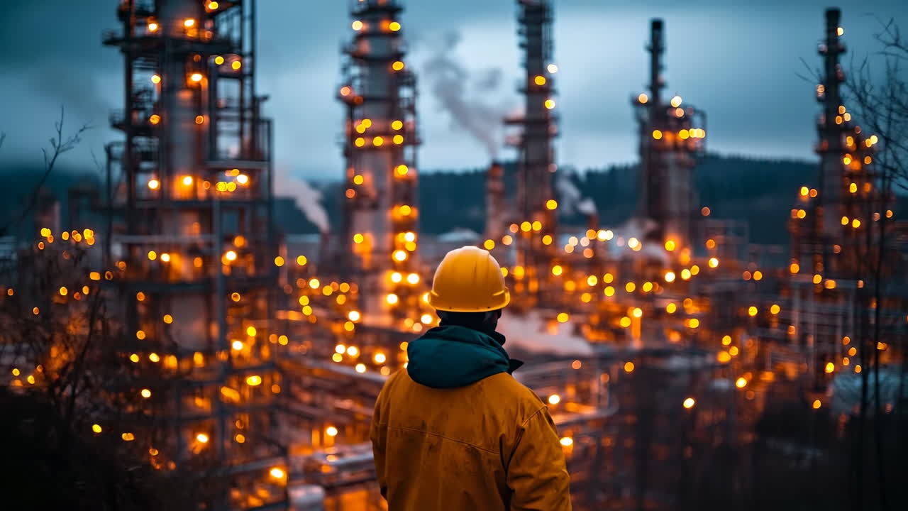 Dusk factory with lights and smoke. A worker stands in front of a refinery at dusk, surrounded by glowing lights and plumes of smoke against a dark sky