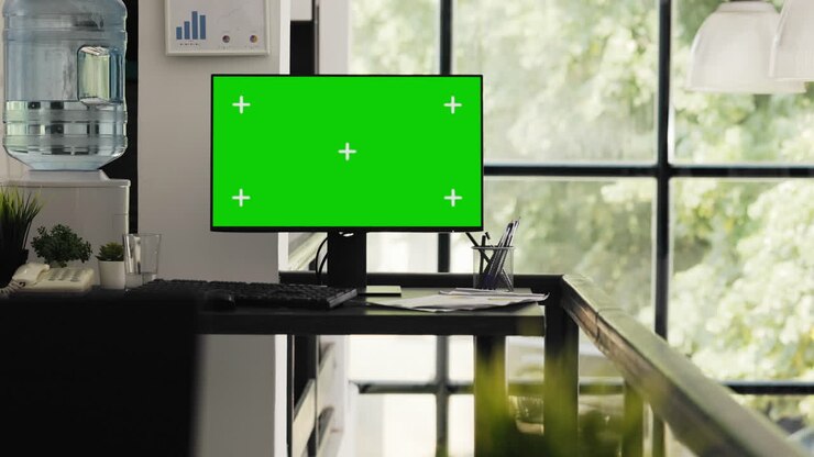 Ufficio vuoto con desktop a schermo verde