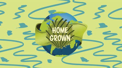 animation of home grown text over globe and leaves on blue and green background