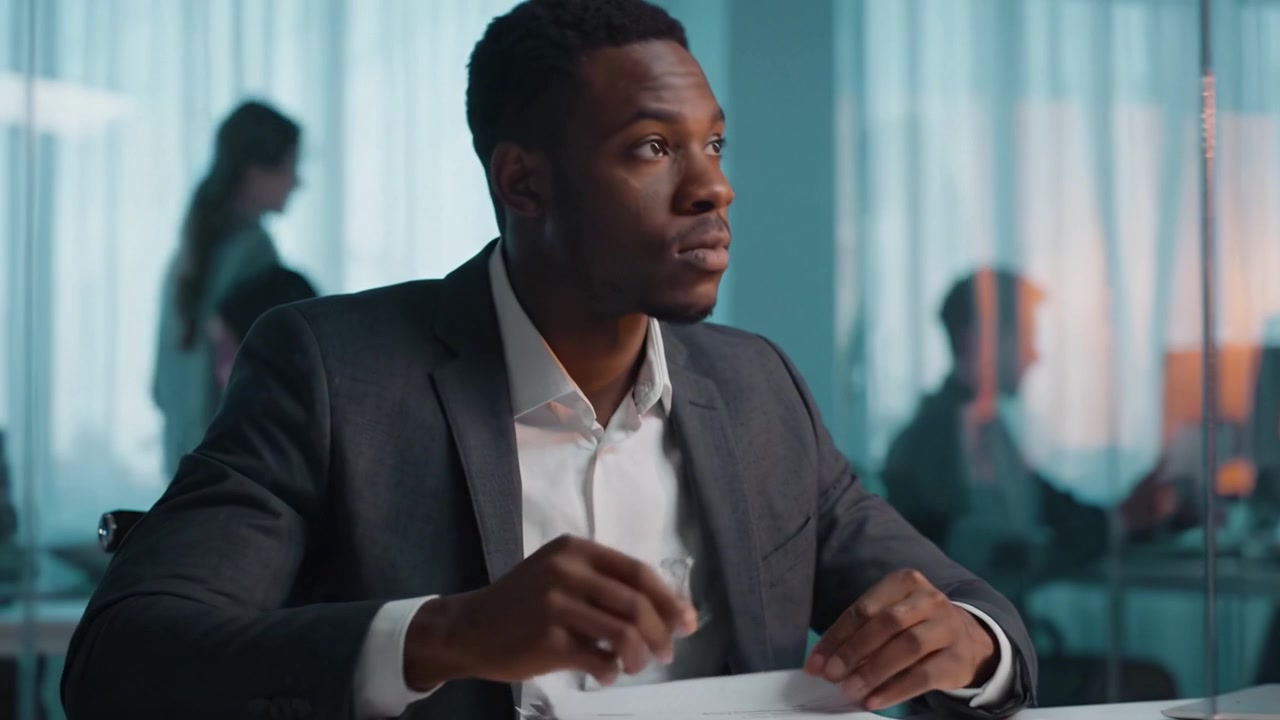 Professional man in a suit working at a modern office desk, analyzing paperwork and contemplating decisions with a focused expression in a collaborative environment