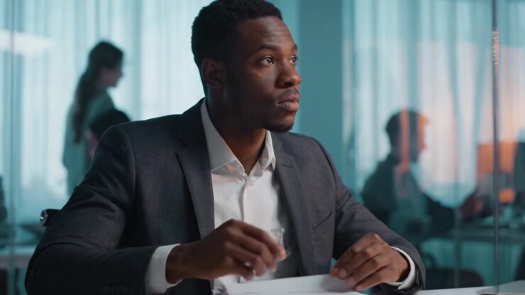Professional man in a suit working at a modern office desk, analyzing paperwork and contemplating decisions with a focused expression in a collaborative environment