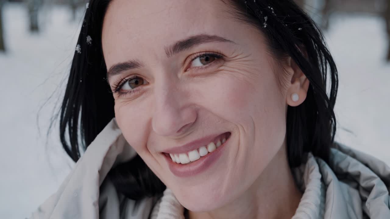 Snowflakes gently falling on a smiling woman's hair, enjoying a tranquil moment in a picturesque winter landscape, embracing the serene beauty of the season's chill