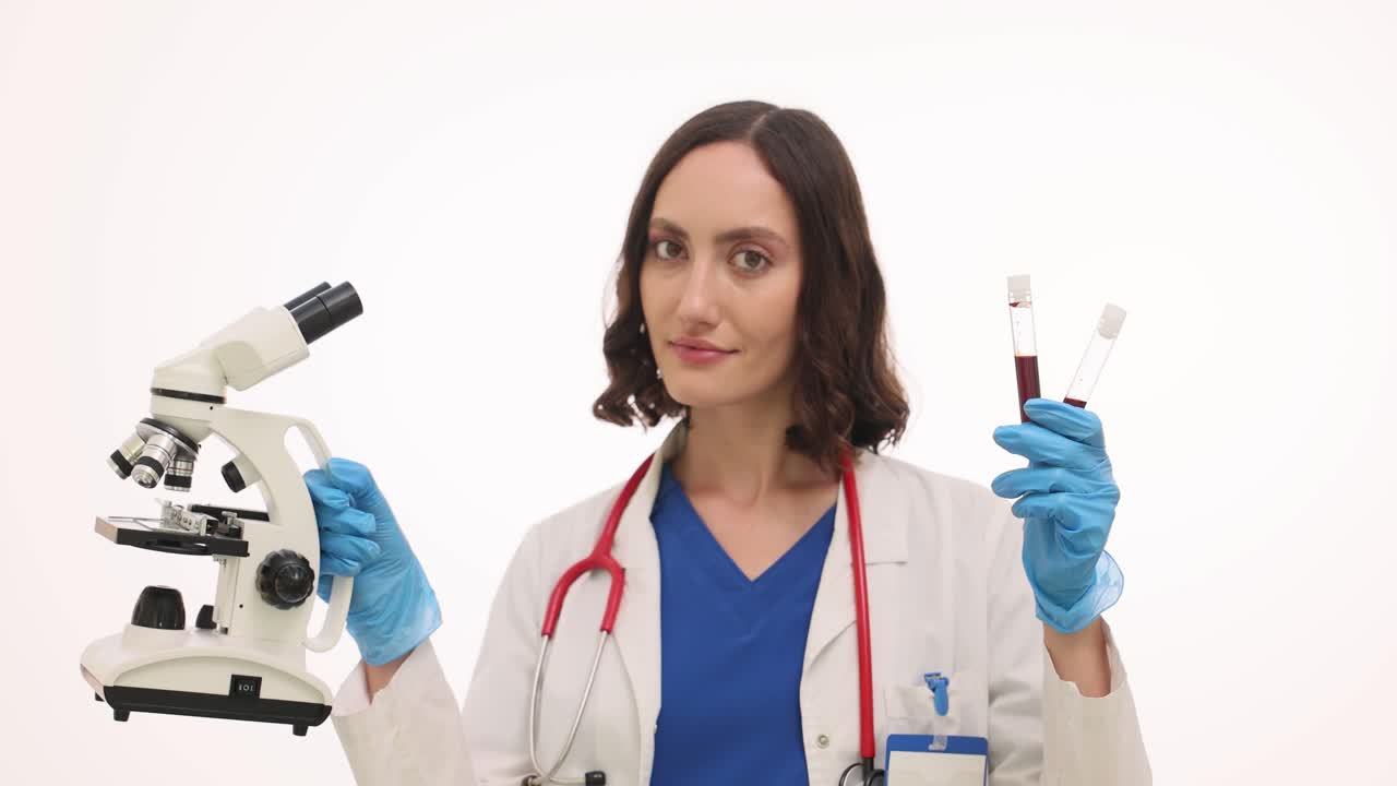 Medico di laboratorio sorridente tiene provette con campioni di sangue vicino al microscopio