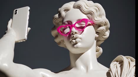 classical statue taking a selfie with pink heart sunglasses
