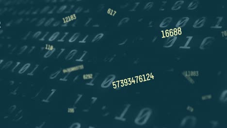 animación digital de múltiples números cambiantes contra el procesamiento de datos de codificación binaria en fondo azul