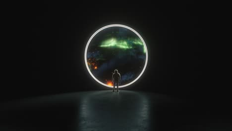 astronaut looking through a portal to another dimension