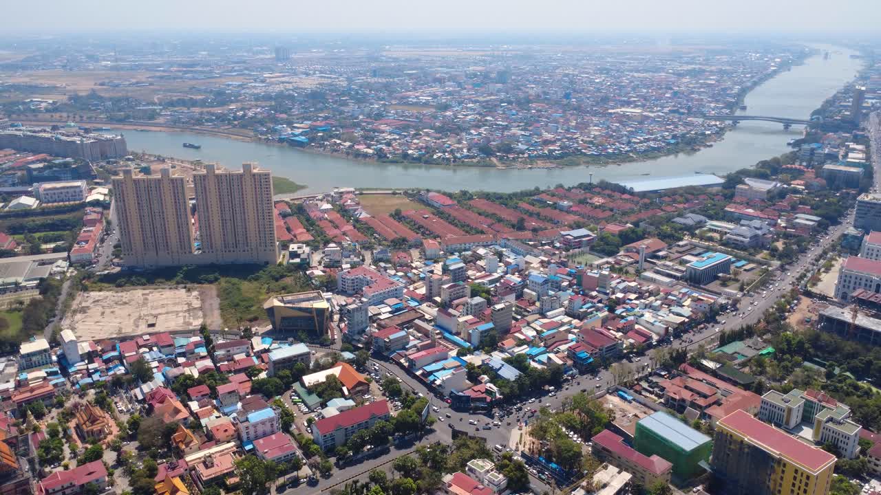Phnom Penh city aerial view, Chamkar Mon district, showcasing busy streets and buildings