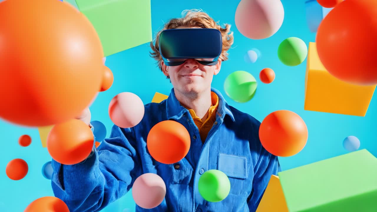 Immersive Experience: A Young Man Engaging with Colorful Floating Shapes While Wearing Virtual Reality Headset, Showcasing Innovative Technology and Imagination