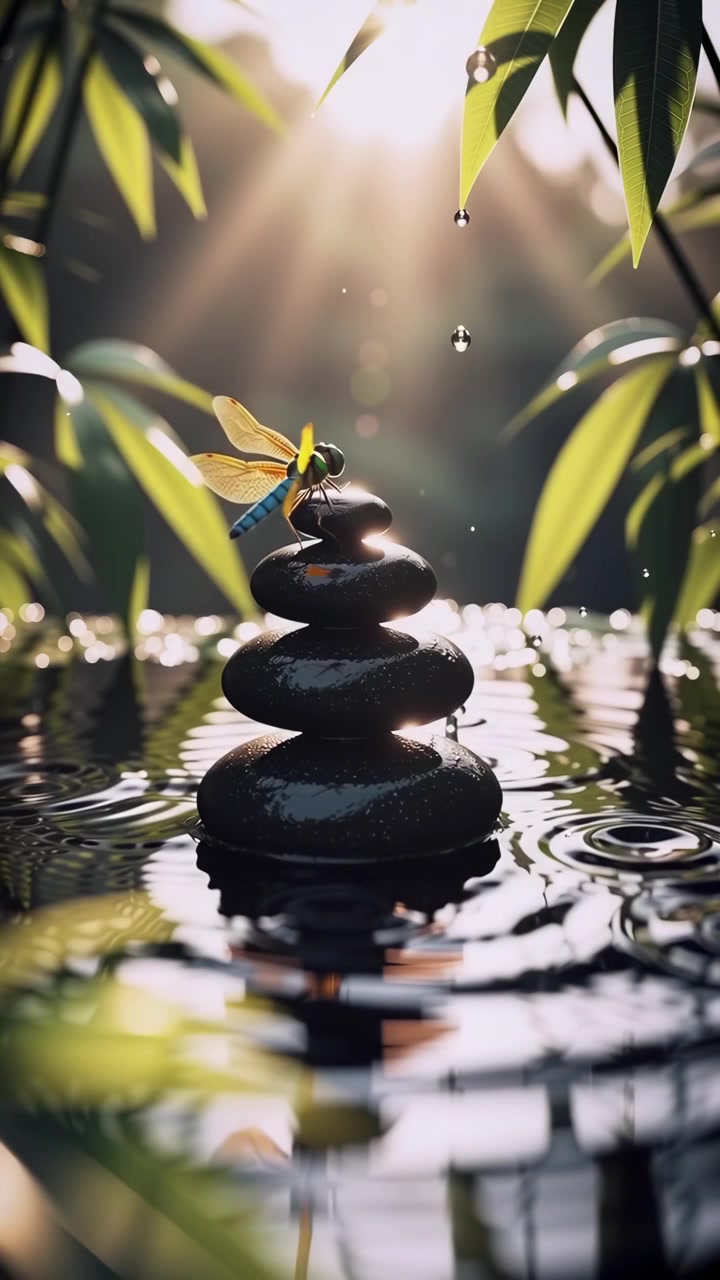 Libellula si posa su pietre Zen impilate con gocce d'acqua e increspature