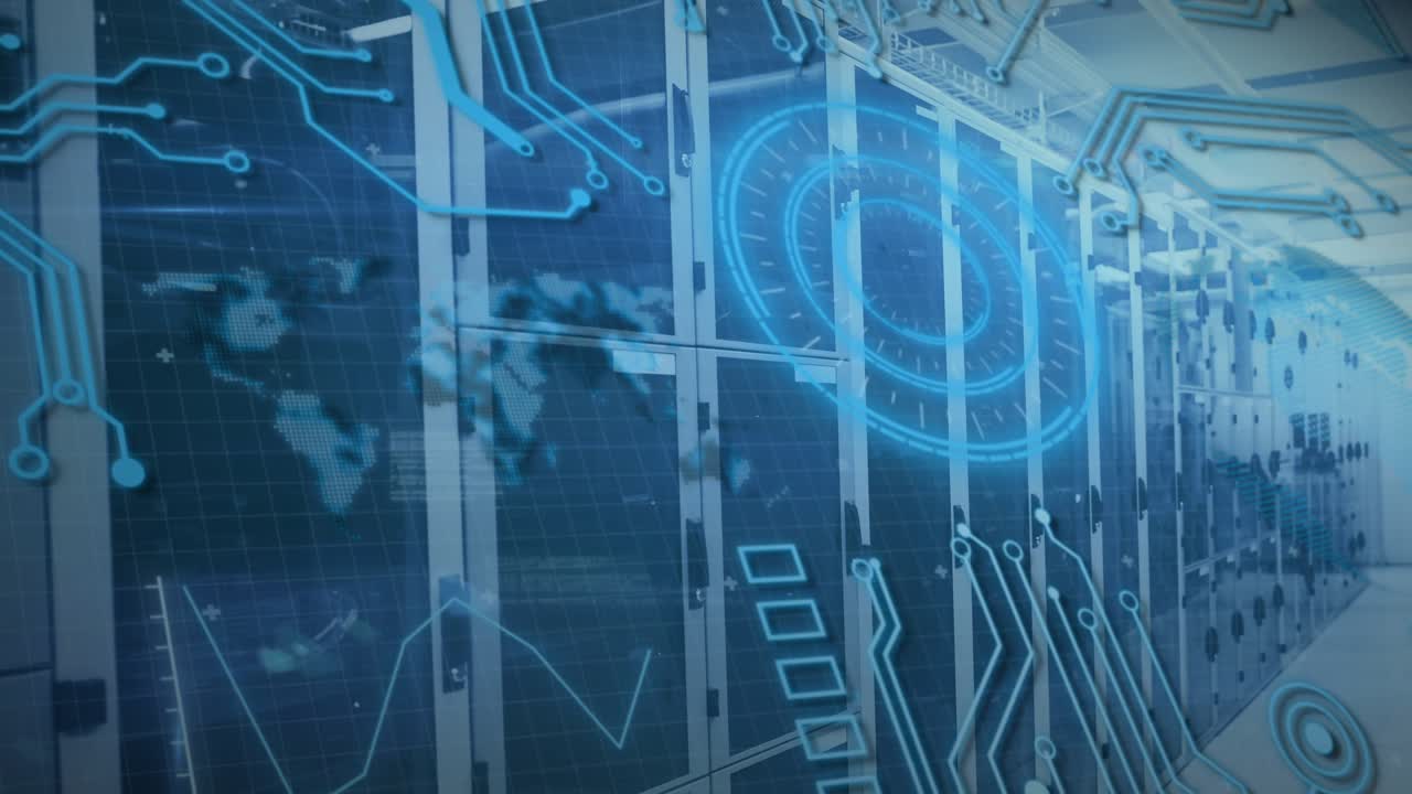Camera panning, server racks showing blue holo circuit overlay and pulsing HUD, mapping data flow