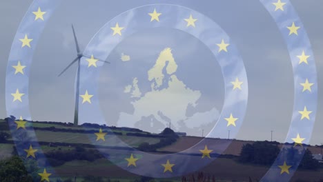 Animation-Einer-Europakarte-Mit-Sternen-Der-Flagge-Der-Europäischen-Union,-Die-über-Rotierenden-Windkraftanlagen-Rotieren