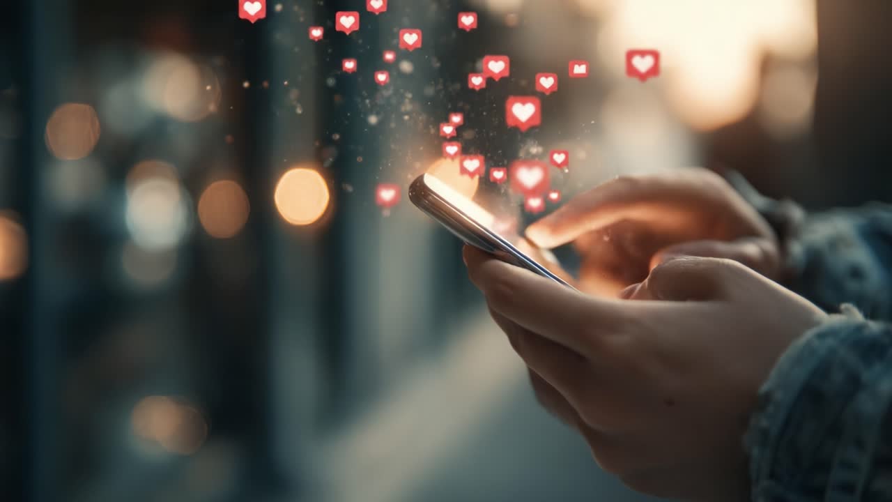 Conexión cautivadora: los momentos de interacción a medida que surgen corazones digitales de un smartphone, lo que destaca la influencia de las redes sociales en la interacción moderna