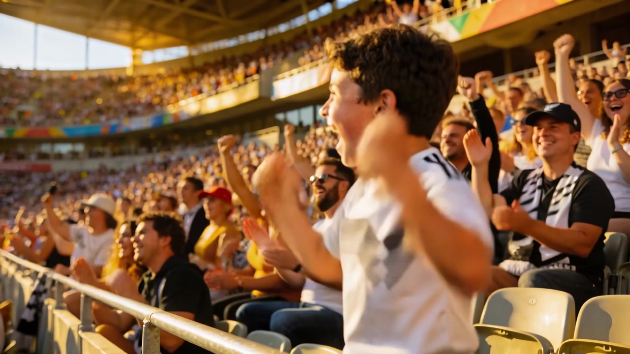 Cheering boy in white sports jersey pumping fists in stadium following goal, with railing